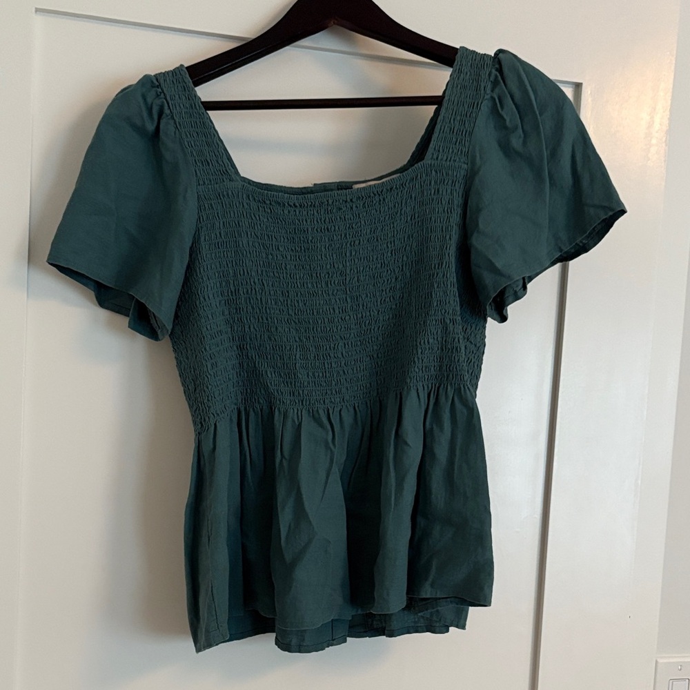 Madewell Teal Smocked Blouse